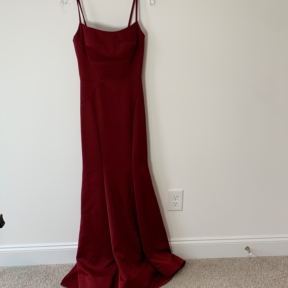 La Femme Burgundy Prom pageant  Dress with Spaghetti Straps and train size 2